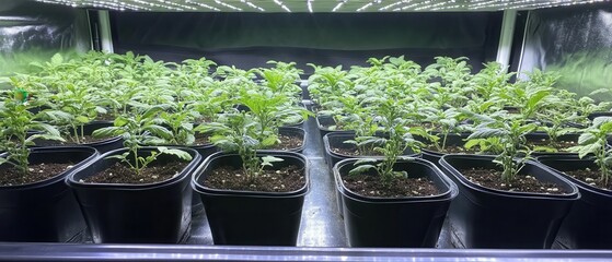 Rows of young plants thriving under grow lights in a controlled environment.