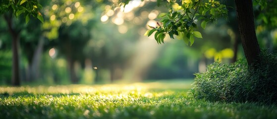 Serene sunlight filtering through lush green trees in a tranquil park.