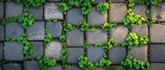 Stone pathway covered in vibrant green moss and small plants creating a lush texture.