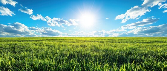 Vibrant green grassland under a clear blue sky with shining sun and fluffy clouds.