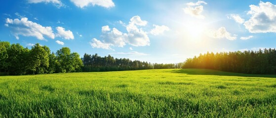 Vibrant green meadow under a bright blue sky with fluffy clouds and a warm sun.