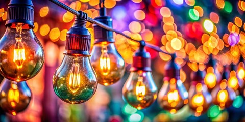 Macro Photography: Glowing Light Bulbs Decor, Bokeh Background, Selective Focus
