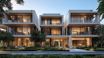 Fototapeta premium Modern townhouses at dusk, architectural design, residential complex, exterior