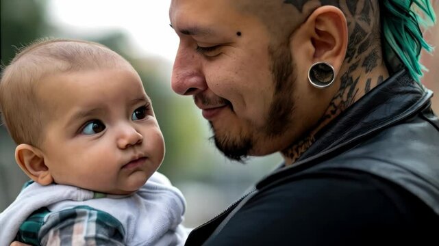 Heartwarming bonding moment between punk father and baby in urban setting