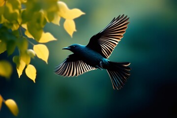 Fototapeta premium Asian fairy bluebird flying near green and yellow leaves