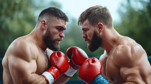 Intense Face-Off Between Two Strong Male Boxers in Red and Blue Punching Gloves in Outdoor Boxing Ring - Powered by Adobe