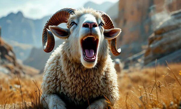 Hyperrealistic 3D Render of a Sheep with Curled Horns in a Mountainous Landscape