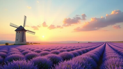 Serene Sunset over Lavender Field with Rustic Windmill