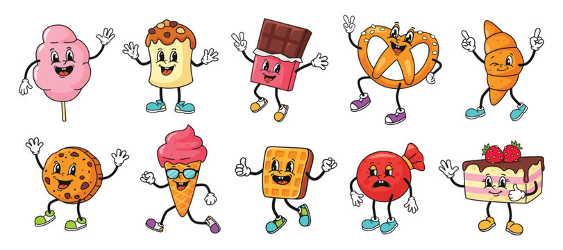 Cartoon dessert character. Retro mascots for cotton candy, sweet panettone, chocolate bar, funny pretzel and croissant. Happy cookie, ice cream, waffle and cake isolated vector set.