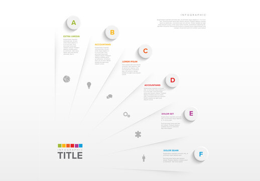 Colorful Infographic Template with six Text Sections, big light button and icons