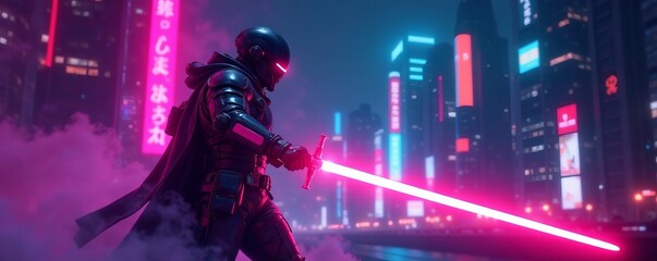 Cybernetic warrior with energy sword in neon cityscape, neon, technology