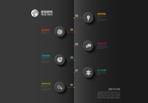 Infographic dark vertical Timeline Template design with circular button Milestones