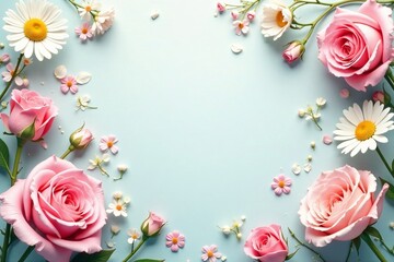 Delicate and elegant floral background with blooming roses and daisies in pastel colors, garden, elegant