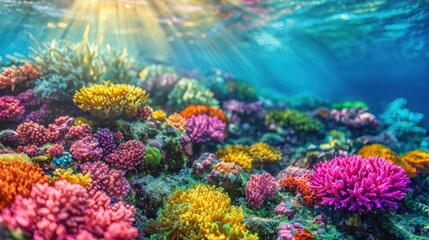 Fototapeta premium Vibrant coral reef underwater scene with sun rays. (1)