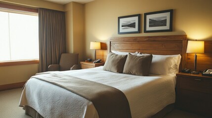 Cozy hotel bedroom with mountain view