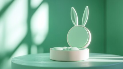 Pastel-green chromatic aberration effect, bunny ears blurred in motion. Compact powder case opens on pedestal. Created with generative AI.