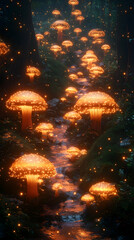 Glowing mushrooms illuminate a mystical forest stream
