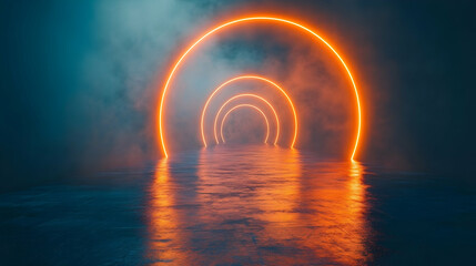 Glowing orange neon circles receding into smoky, reflective darkness