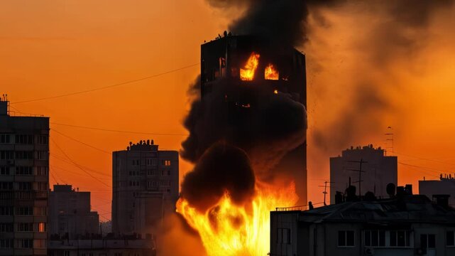 Urban highrise fire at sunset with towering smoke clouds in cityscape