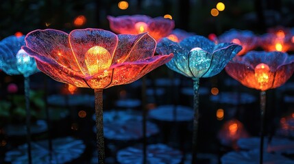 Illuminated floral light sculptures in a garden at night.