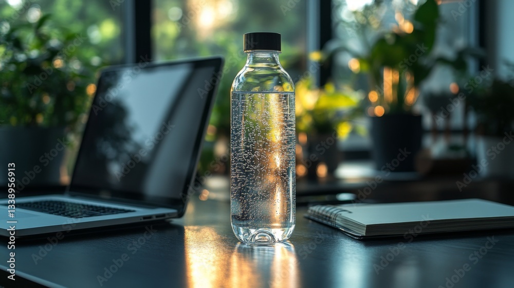 Poster A clear bottle filled with water sits on a wooden desk near a laptop. Sunlight streams through windows, illuminating lush greenery and creating a tranquil workspace atmosphere.
