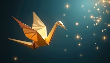 Golden origami crane flying through a glowing night sky.
