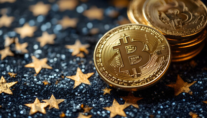Gold cryptocurrency coins on a sparkly star background