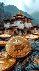 Golden Bitcoin coins in front of a Bhutanese monastery, misty mountains in background