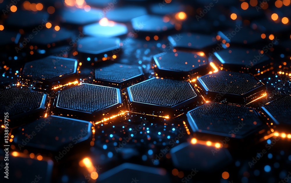 Poster Intricate abstract 3D digital hexagon background featuring generative AI patterns, futuristic glowing elements, and hightech digital design
