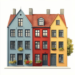 Fototapeta premium Colorful Scandinavian townhouses with vibrant facades,Isolated on white background