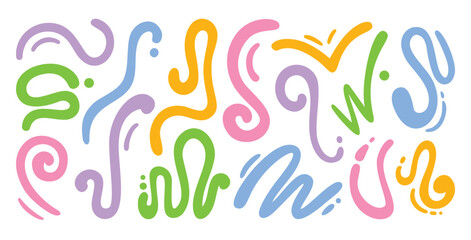 Abstract organic line shapes. Groovy fluid swirl doodles, funky curvy noodles, sauce strips and dynamic scribble lines. Hand drawn colorful squiggles design elements vector set.