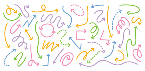 Doodle colorful line arrows. Hand drawn linear and dashed arrow pointers of squiggly, curved, wavy, zigzag and looping paths for direction pointing, highlights and presentation designs. Vector set.