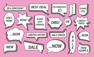 Sale speech bubble frames. Comic text balloon shapes with 3d extrude border, sale promotion phrases, discount and best deal offers. Dialog box bubbles vector set.