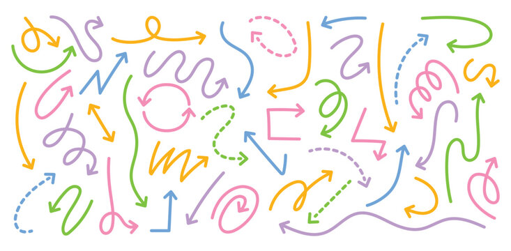 Doodle colorful line arrows. Hand drawn linear and dashed arrow pointers of squiggly, curved, wavy, zigzag and looping paths for direction pointing, highlights and presentation designs. Vector set.