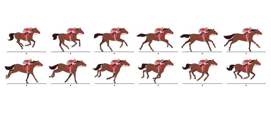 Horse racing animation frames. Running racehorse with jockey animated gallop cycle sequence. Equestrian sport movement steps, cartoon vector illustration set.