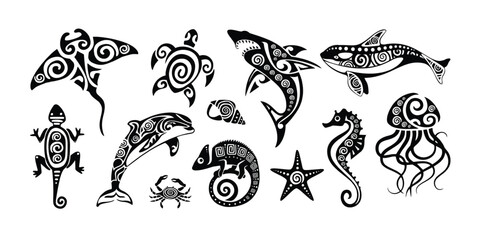 Polynesian tribal animal tattoos. Maori style ocean creatures as stingray, sea turtle, shark, whale, dolphin, crab, starfish, seahorse and jellyfish. Lizard ethnic ink art vector set.