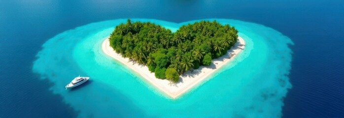 Heart shaped island with tropical vegetation and yacht sailing in turquoise water