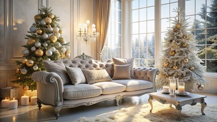 Luxurious Silver Sofa Christmas Morning Decor - Festive Home Interior