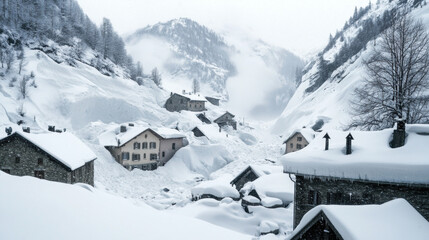 Fototapeta premium Snow covered village in mountainous landscape, surrounded by winter scenery and snow laden trees. serene atmosphere evokes sense of tranquility and isolation
