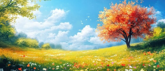 A vibrant landscape showcasing a colorful tree under a bright blue sky.