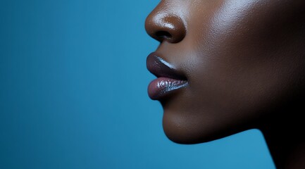 Close-up of a woman's profile highlighting smooth skin and glossy lips against a blue background