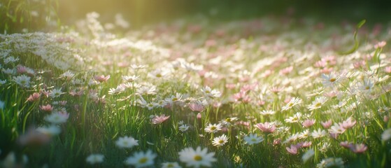 A vibrant meadow filled with blooming daisies illuminated by soft sunlight.