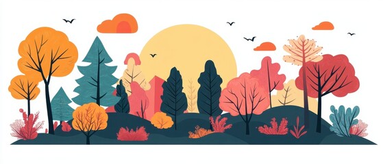 A vibrant, stylized landscape with colorful trees under a sunny sky.