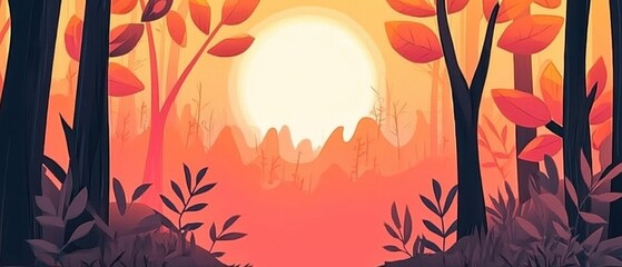 A vibrant sunset illuminating a tranquil forest scene with colorful autumn leaves.