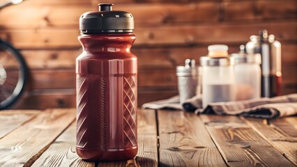 Red Sports Water Bottle on Wooden Table