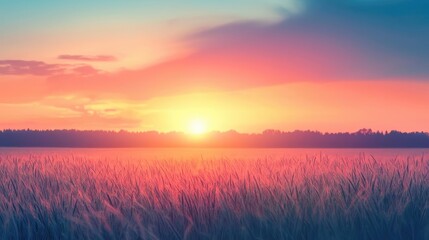 Obraz premium Sunset landscape abstract background concept. A serene sunset over a golden field, showcasing vibrant colors and peaceful nature.