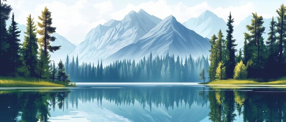 Breathtaking mountain scenery reflected in a tranquil lake surrounded by lush pine trees.