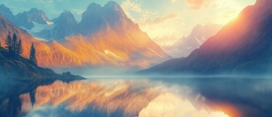 Breathtaking sunset over tranquil lake with majestic mountains in the background.