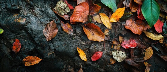 Colorful autumn leaves scattered on a textured surface, capturing nature's beauty.