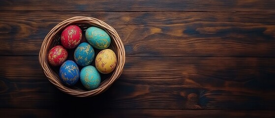 Colorful Easter eggs in a woven basket on a rustic wooden table.